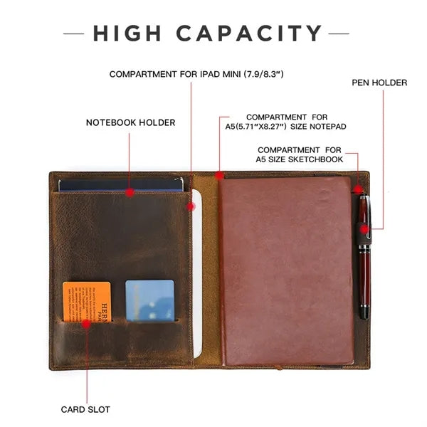 A5/B5 Genuine Leather Portfolio with Card Slots Pen Holder