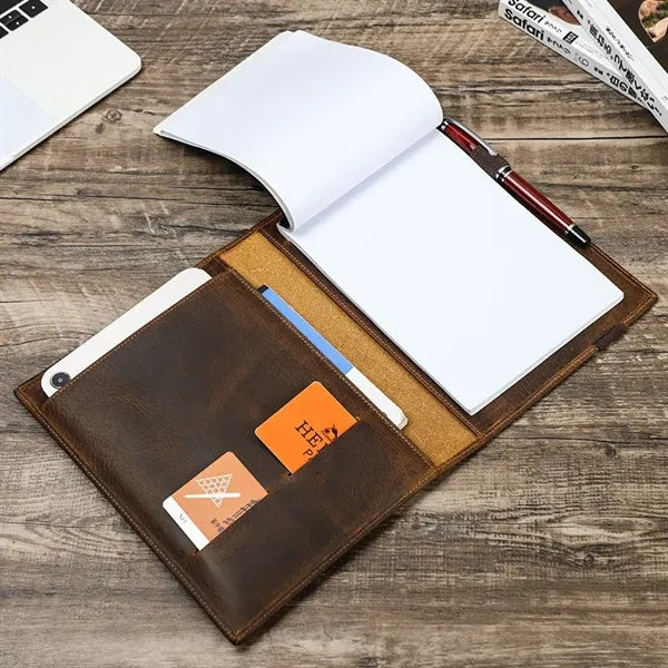 A5/B5 Genuine Leather Portfolio with Card Slots Pen Holder