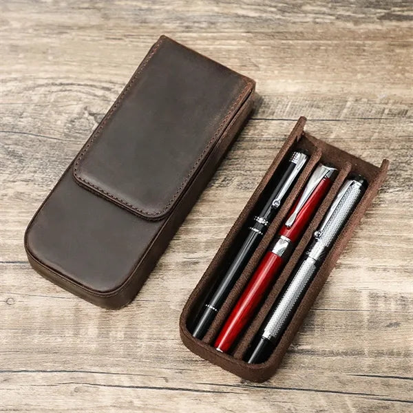 3 Slot Genuine Leather Pen Case with Detachable Inner