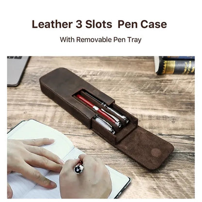 3 Slot Genuine Leather Pen Case with Detachable Inner