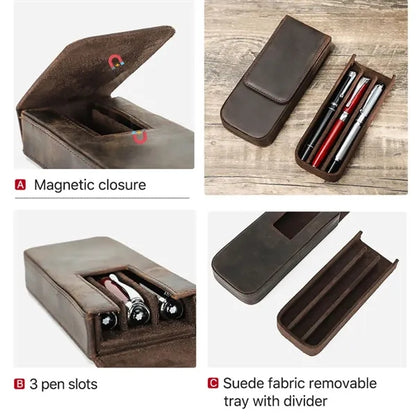 3 Slot Genuine Leather Pen Case with Detachable Inner