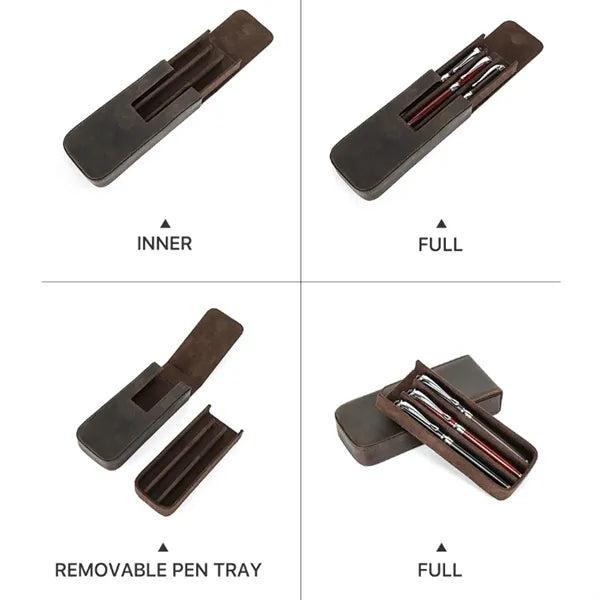 3 Slot Genuine Leather Pen Case with Detachable Inner