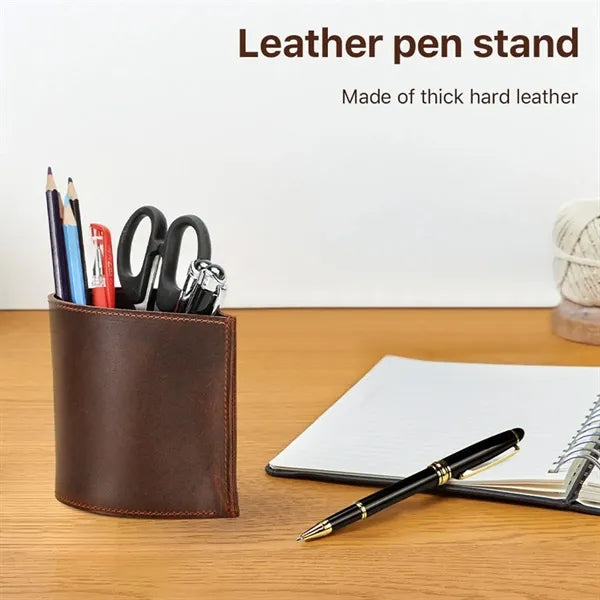 Vintage Genuine Leather Waterdrop Shape Pen Holder Stand