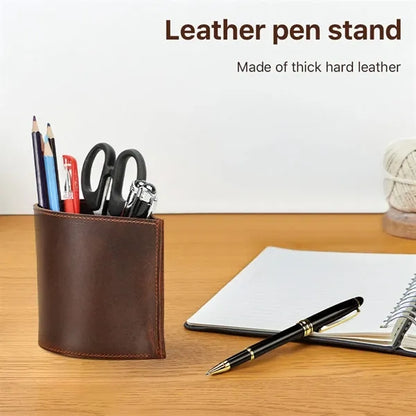 Vintage Genuine Leather Waterdrop Shape Pen Holder Stand