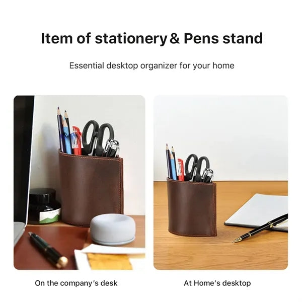 Vintage Genuine Leather Waterdrop Shape Pen Holder Stand