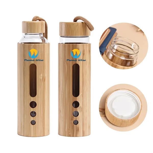 19 Oz Eco Bamboo Durable Glass Bottle with Handle Lids