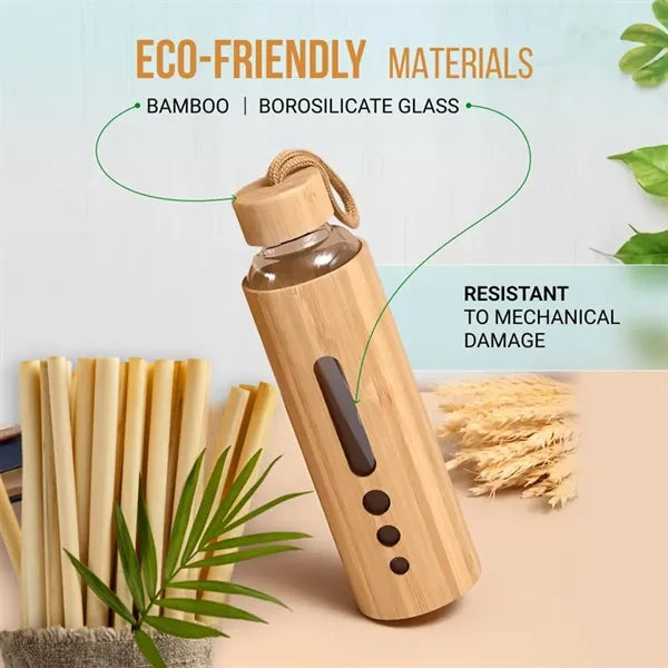 19 Oz Eco Bamboo Durable Glass Bottle with Handle Lids