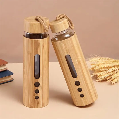 19 Oz Eco Bamboo Durable Glass Bottle with Handle Lids