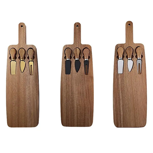 Wooden Cheese Plate And Three DifferentKnives