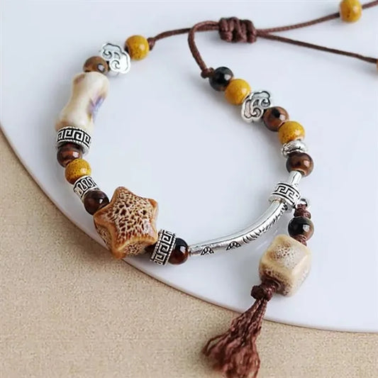 Handmade Ceramic Bead Bracelet with Geometric Design and Tas