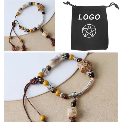 Handmade Ceramic Bead Bracelet with Geometric Design and Tas