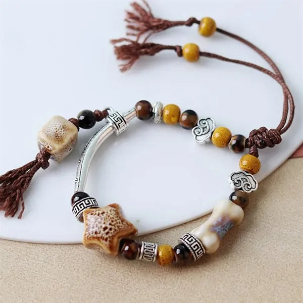 Handmade Ceramic Bead Bracelet with Geometric Design and Tas