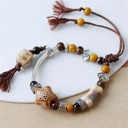Handmade Ceramic Bead Bracelet with Geometric Design and Tas