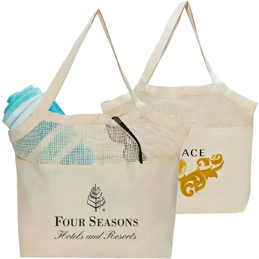 7 oz. Cotton Canvas Mesh Beach Bag W/ Gusset (20"x15"x5")