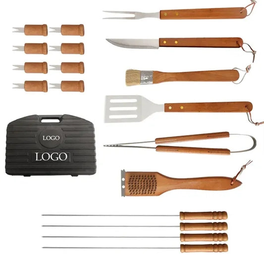17" x 12" Wood Stainless Steel BBQ Tool Set 19 Pieces