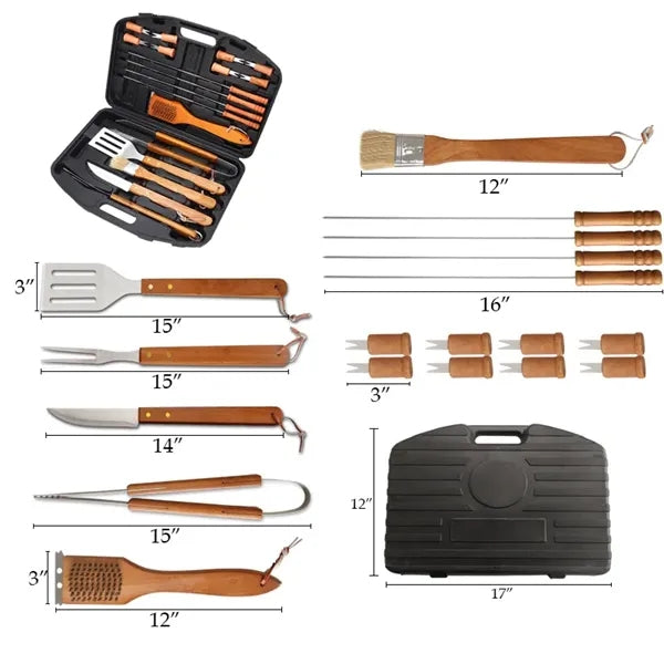 17" x 12" Wood Stainless Steel BBQ Tool Set 19 Pieces