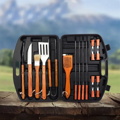 17" x 12" Wood Stainless Steel BBQ Tool Set 19 Pieces