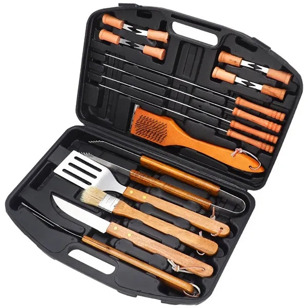 17" x 12" Wood Stainless Steel BBQ Tool Set 19 Pieces