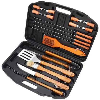 17" x 12" Wood Stainless Steel BBQ Tool Set 19 Pieces