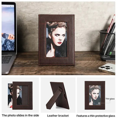 Genuine Leather Photo Frame with Bracket Protective Glass