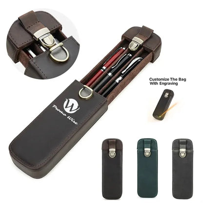 Crazy Horse Leather Lockable Removable Drawer Pen Holder