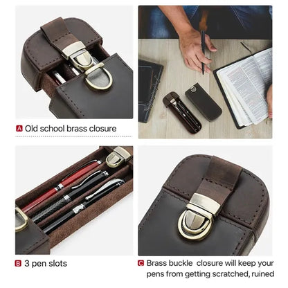 Crazy Horse Leather Lockable Removable Drawer Pen Holder