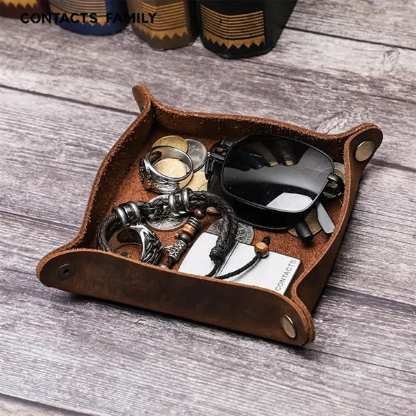 Vintage Crazy Horse Leather Storage Tray Organizer