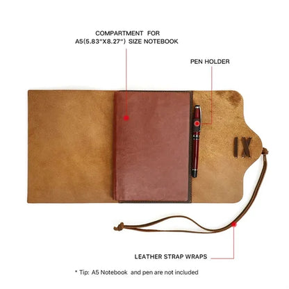 Genuine Leather Journal w/ Book Cover Jacket with Strap Wrap