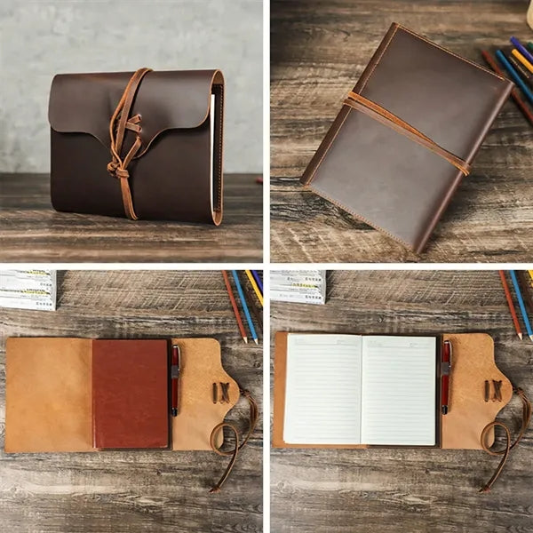 Genuine Leather Journal w/ Book Cover Jacket with Strap Wrap