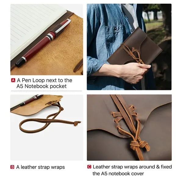Genuine Leather Journal w/ Book Cover Jacket with Strap Wrap