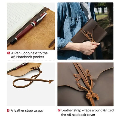 Genuine Leather Journal w/ Book Cover Jacket with Strap Wrap