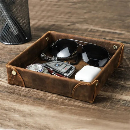 Genuine Leather Storage Tray Desktop Organizer for Sundry