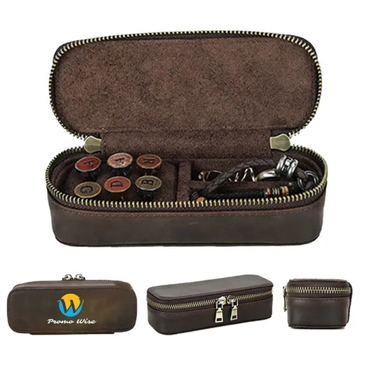 Double Zipper Crazy Horse Genuine Leather Jewelry Box