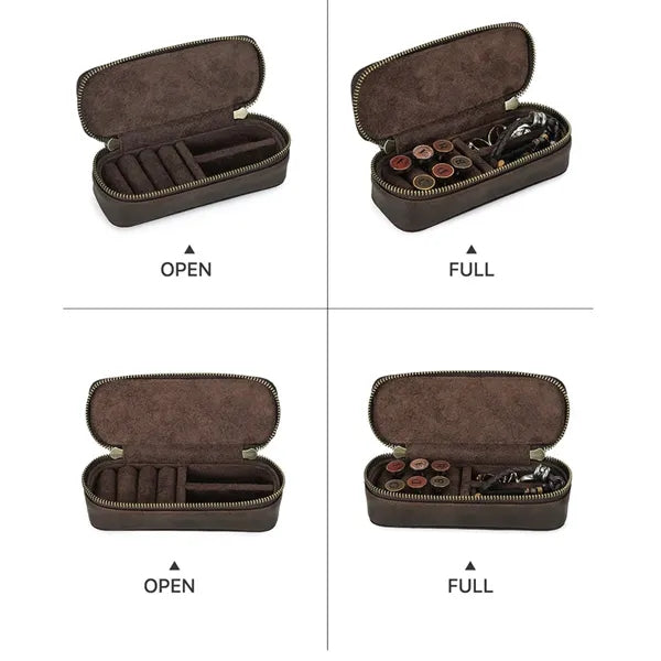 Double Zipper Crazy Horse Genuine Leather Jewelry Box
