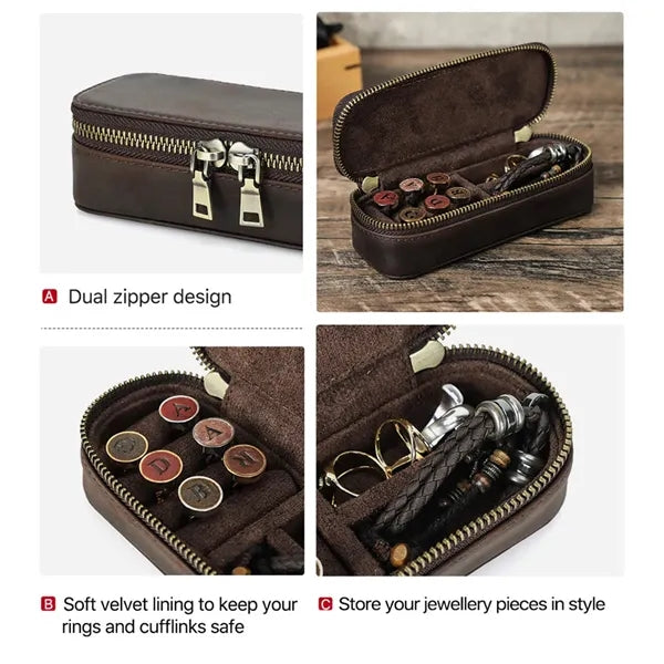 Double Zipper Crazy Horse Genuine Leather Jewelry Box