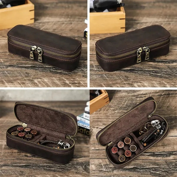 Double Zipper Crazy Horse Genuine Leather Jewelry Box