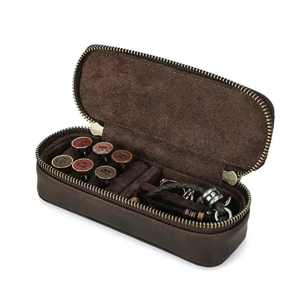 Double Zipper Crazy Horse Genuine Leather Jewelry Box