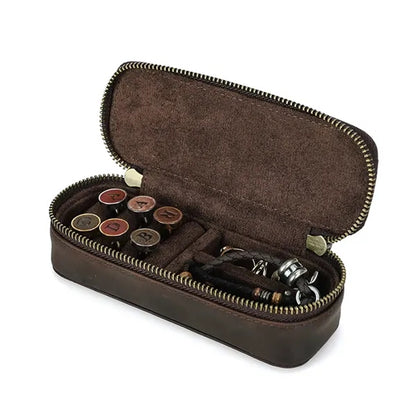 Double Zipper Crazy Horse Genuine Leather Jewelry Box