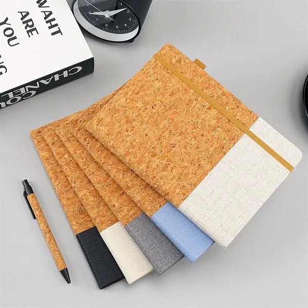 Cork Spliced Fabric Elastic Closure Notebook with Pen Slot