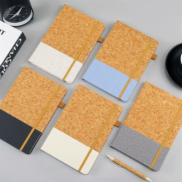 Cork Spliced Fabric Elastic Closure Notebook with Pen Slot