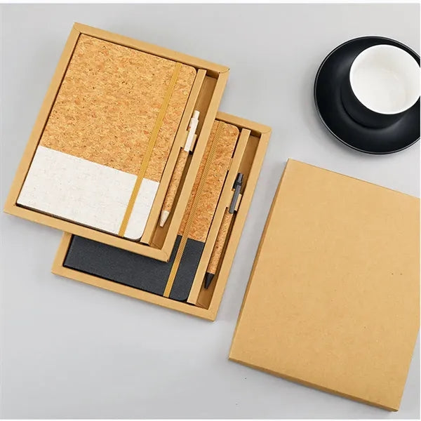 Cork Spliced Fabric Elastic Closure Notebook with Pen Slot