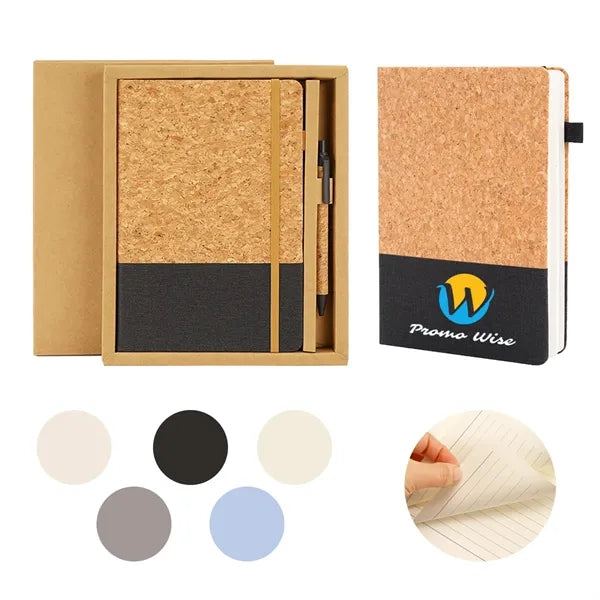 Cork Spliced Fabric Elastic Closure Notebook with Pen Slot