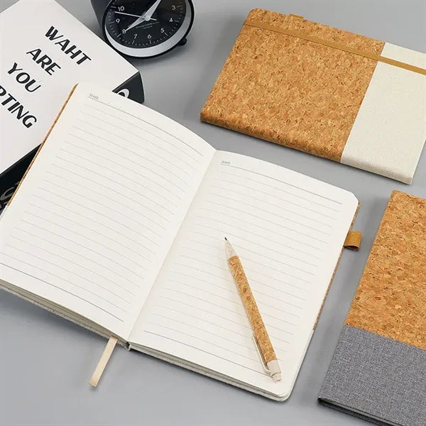 Cork Spliced Fabric Elastic Closure Notebook with Pen Slot