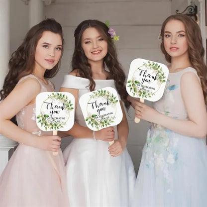 Wooden Handle 2 Sided Paper Hand Fans For Wedding Or Church