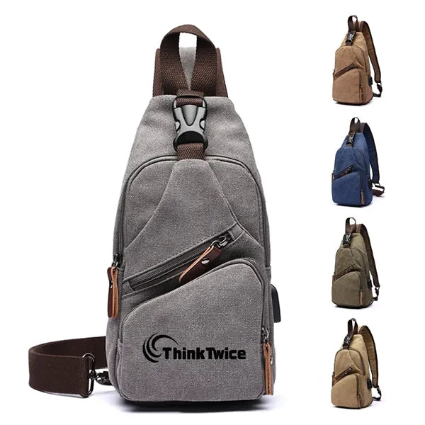 Canvas Sling Bag with USB Charging Port