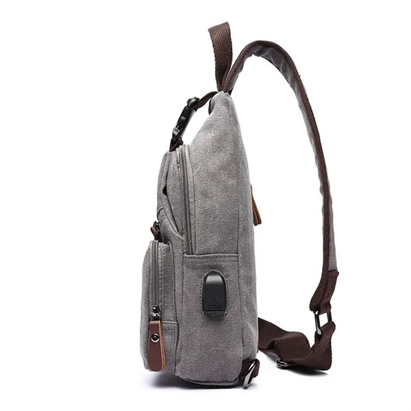 Canvas Sling Bag with USB Charging Port