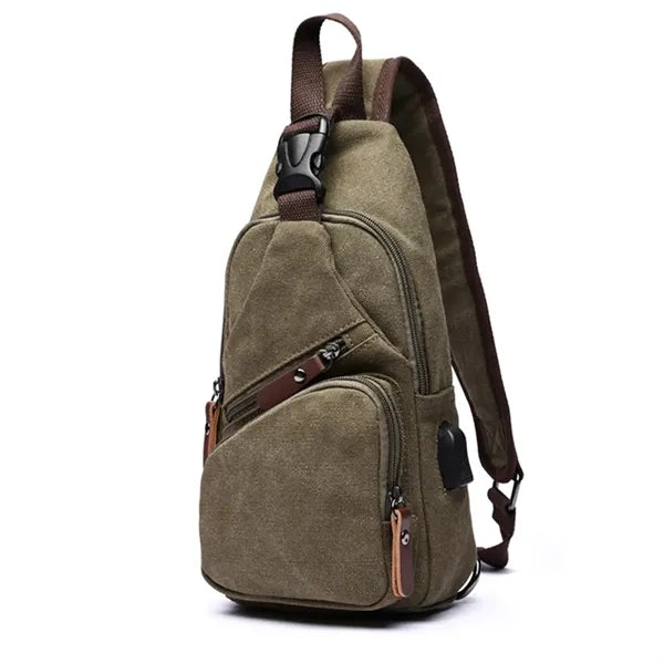 Canvas Sling Bag with USB Charging Port