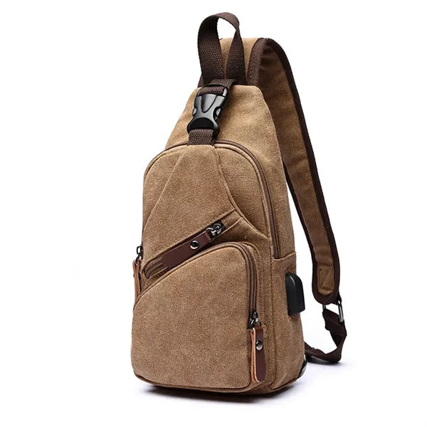 Canvas Sling Bag with USB Charging Port