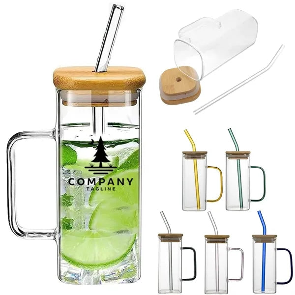 Square Glass Cup With Bamboo Lid And Straw