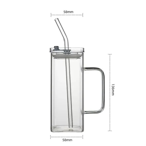 Square Glass Cup With Bamboo Lid And Straw